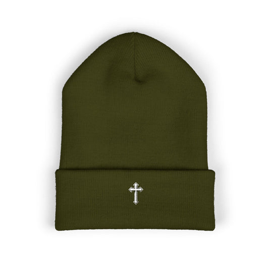 Cross Cuffed Beanie — Streetwear Winter Hat, Religious Faith Accessory