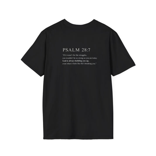 Cross and bible verse Chest T-Shirt — Small Embroidered Silver Cross Christian Tee