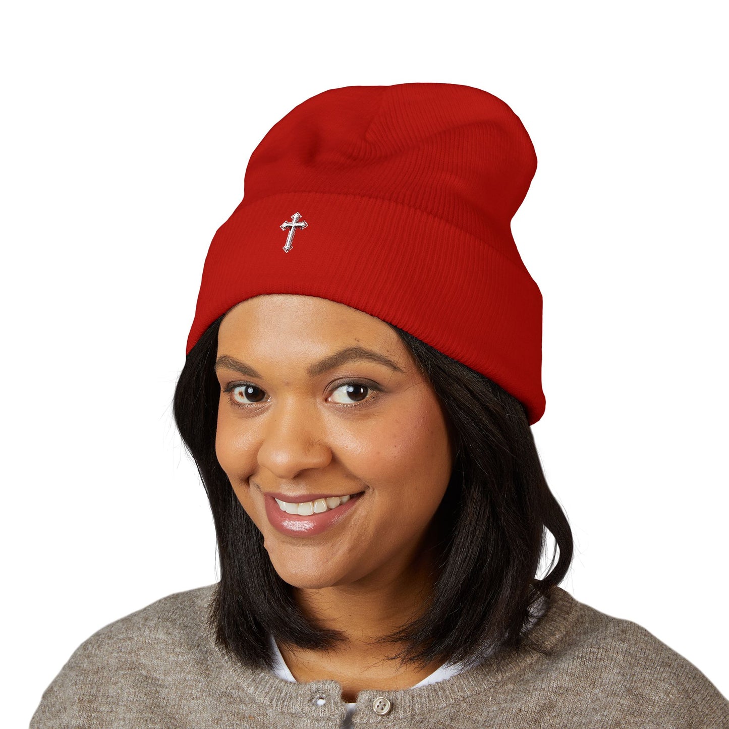 Cross Cuffed Beanie — Streetwear Winter Hat, Religious Faith Accessory