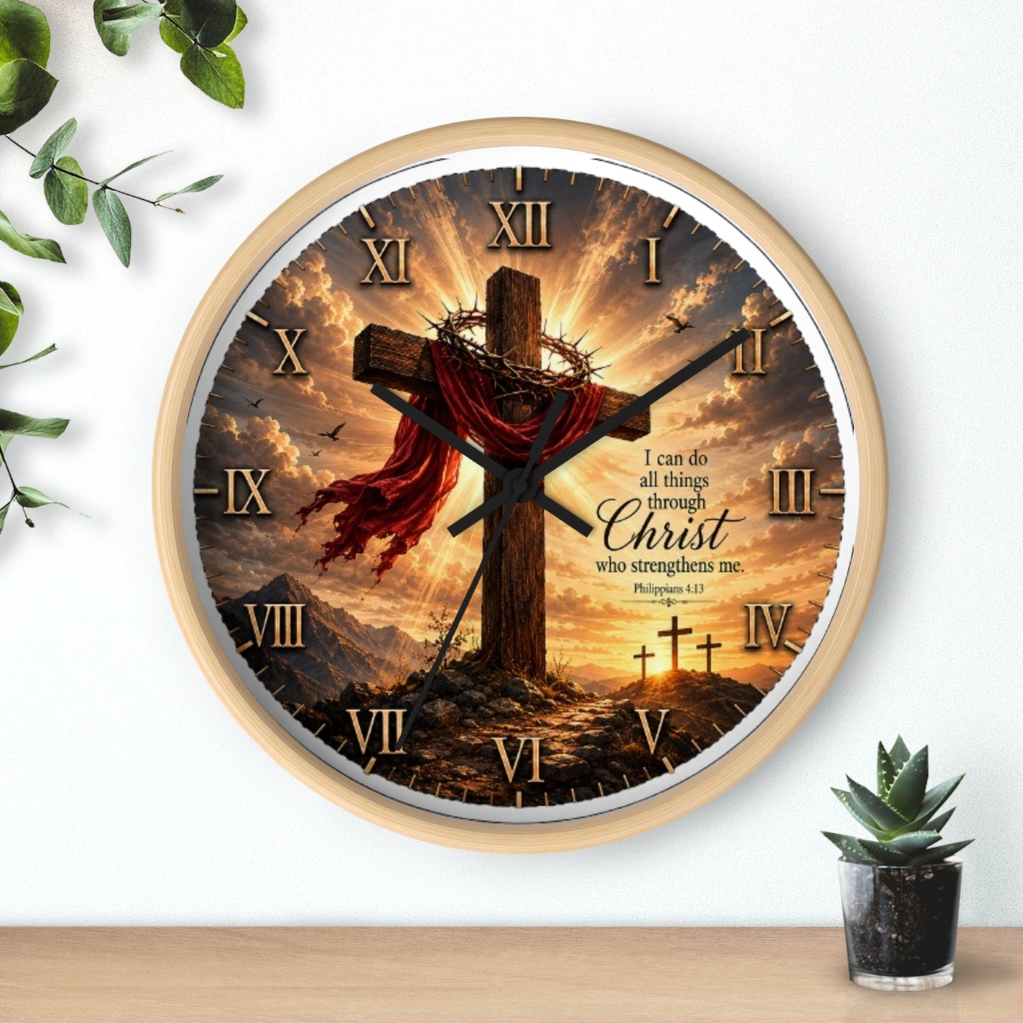 Christian Cross Wall Clock — "I can do all things through Christ" Inspirational Home Decor