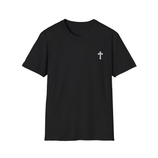 Cross and bible verse Chest T-Shirt — Small Embroidered Silver Cross Christian Tee