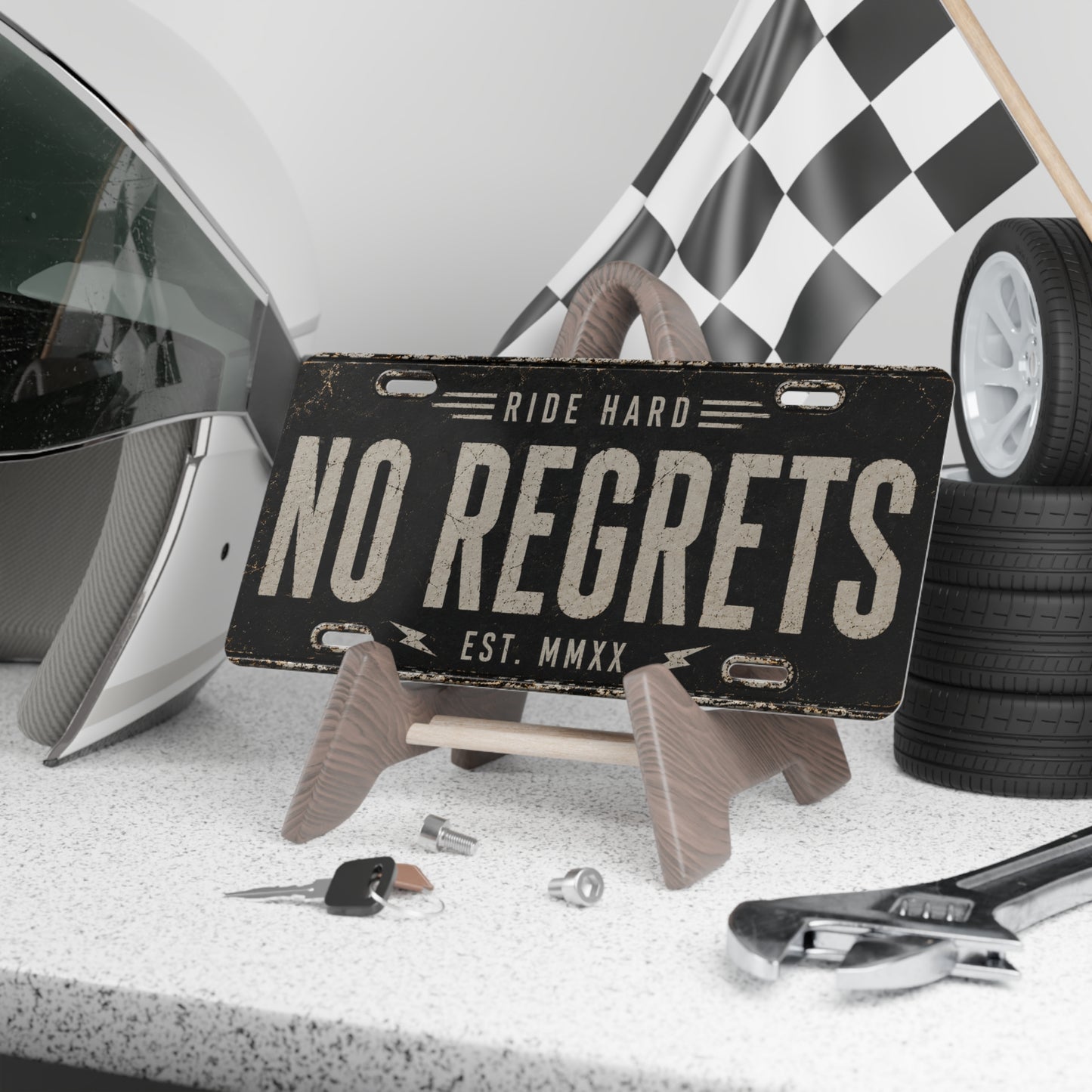No Regrets Vanity Plate - 'Ride Hard' Distressed Motorcycle License Plate