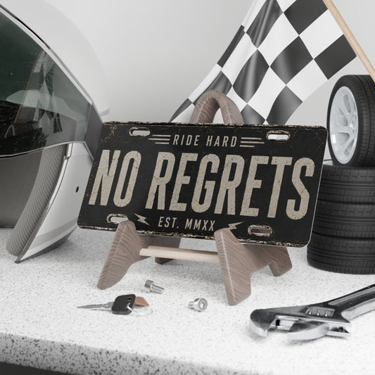 No Regrets Vanity Plate - 'Ride Hard' Distressed Motorcycle License Plate