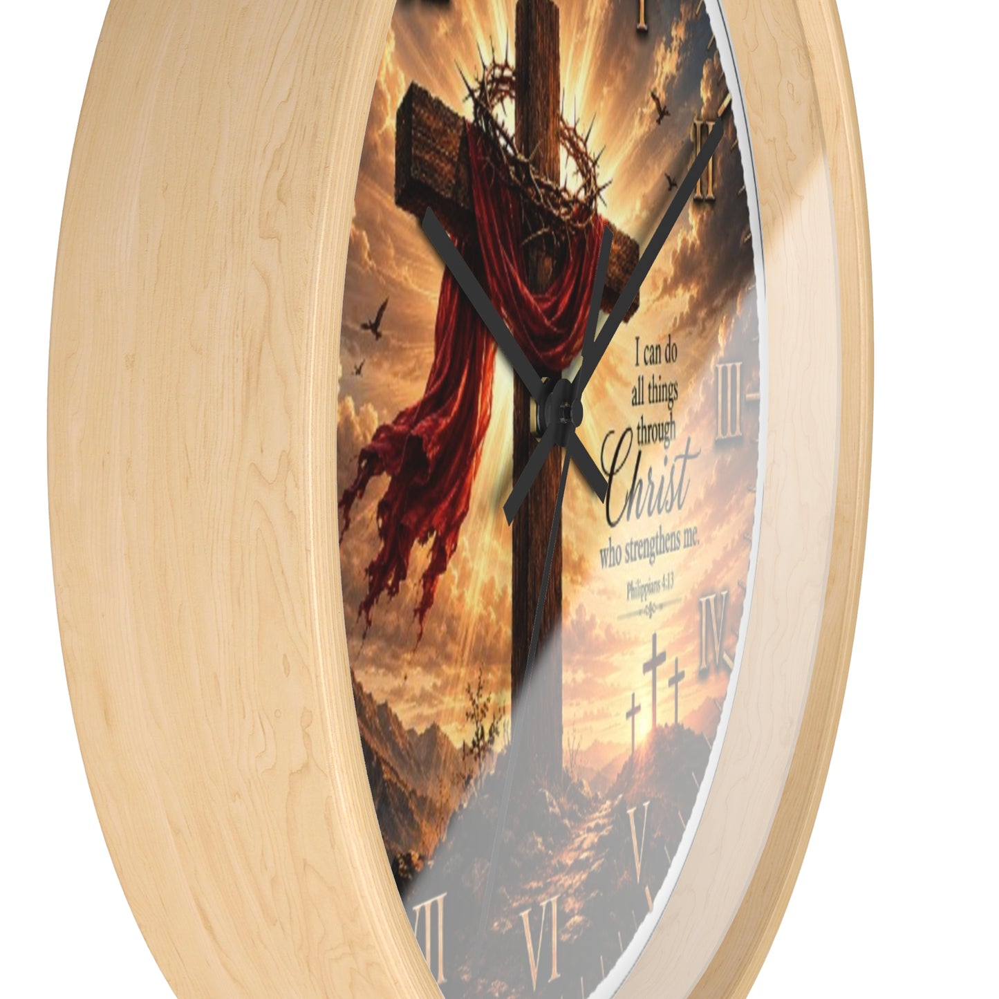 Christian Cross Wall Clock — "I can do all things through Christ" Inspirational Home Decor