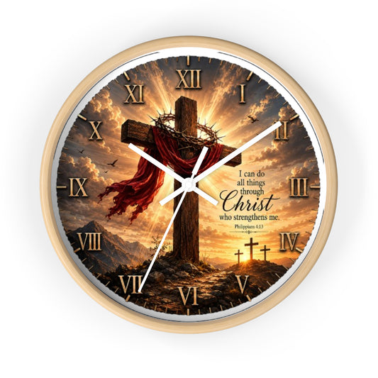 Christian Cross Wall Clock — "I can do all things through Christ" Inspirational Home Decor